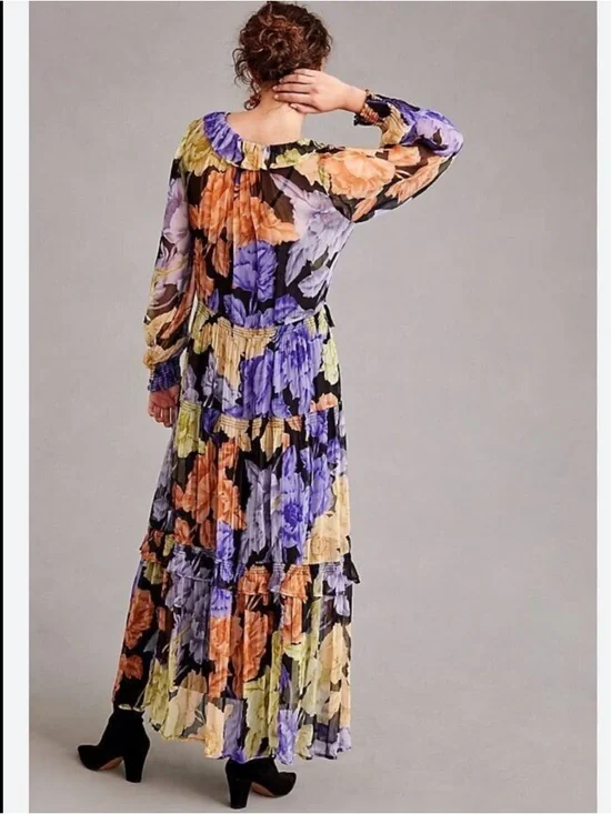 🖤Anthropologie The Marais Printed Chiffon Maxi Dress Size Medium Tiered Ruffle - Picture 2 of 8